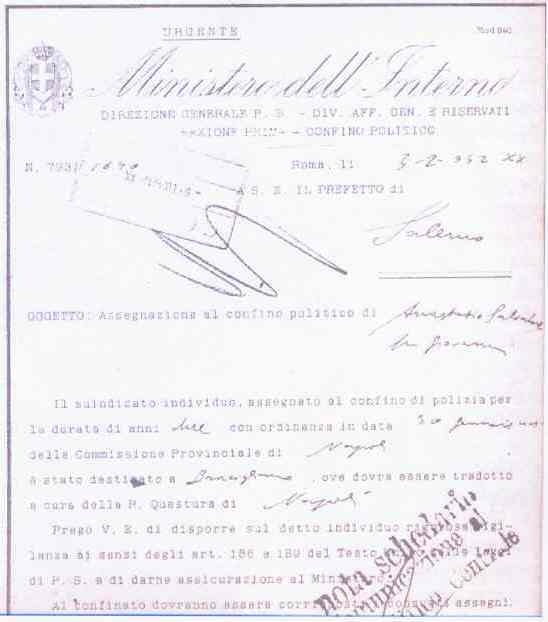 La lettera di confino di polizia