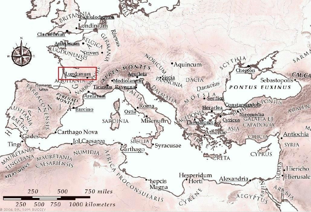 Cartina dell'Impero Romano nel 325 d.C. Le città sottolineate rappresentano i siti imperiali di coniazione delle monete. Il quadratino in rosso evidenzia la zecca di Lione, dove veniva coniato il denarion.
